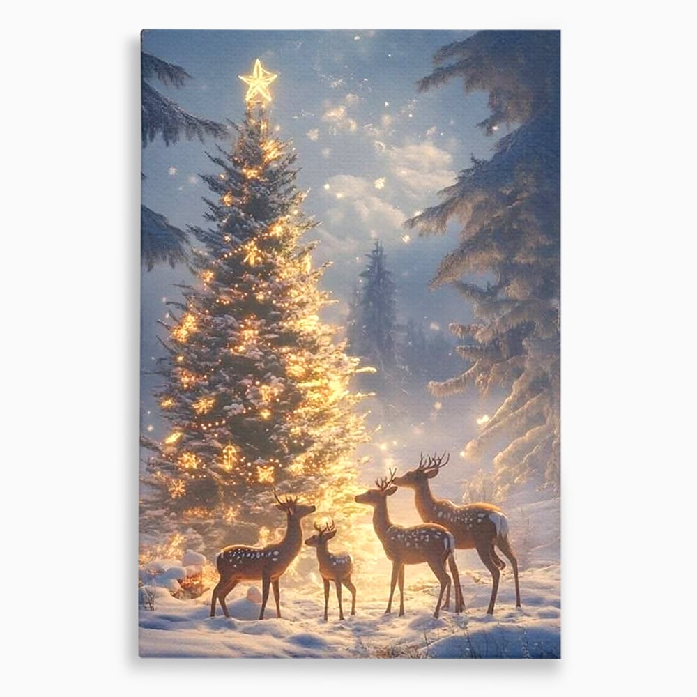 Leinwandbilder Premium, LuxCanva® D1103, Waldengel, Winter, Nacht, Gelassenheit, Gruppe, Hirsch, Tannenbaum, Dekoriert, Wald, Magie, Märchen, Himmel, Sternenhimmel, Weihnachten, Charmant, Frieden, Wohnen, Schlafzimmer