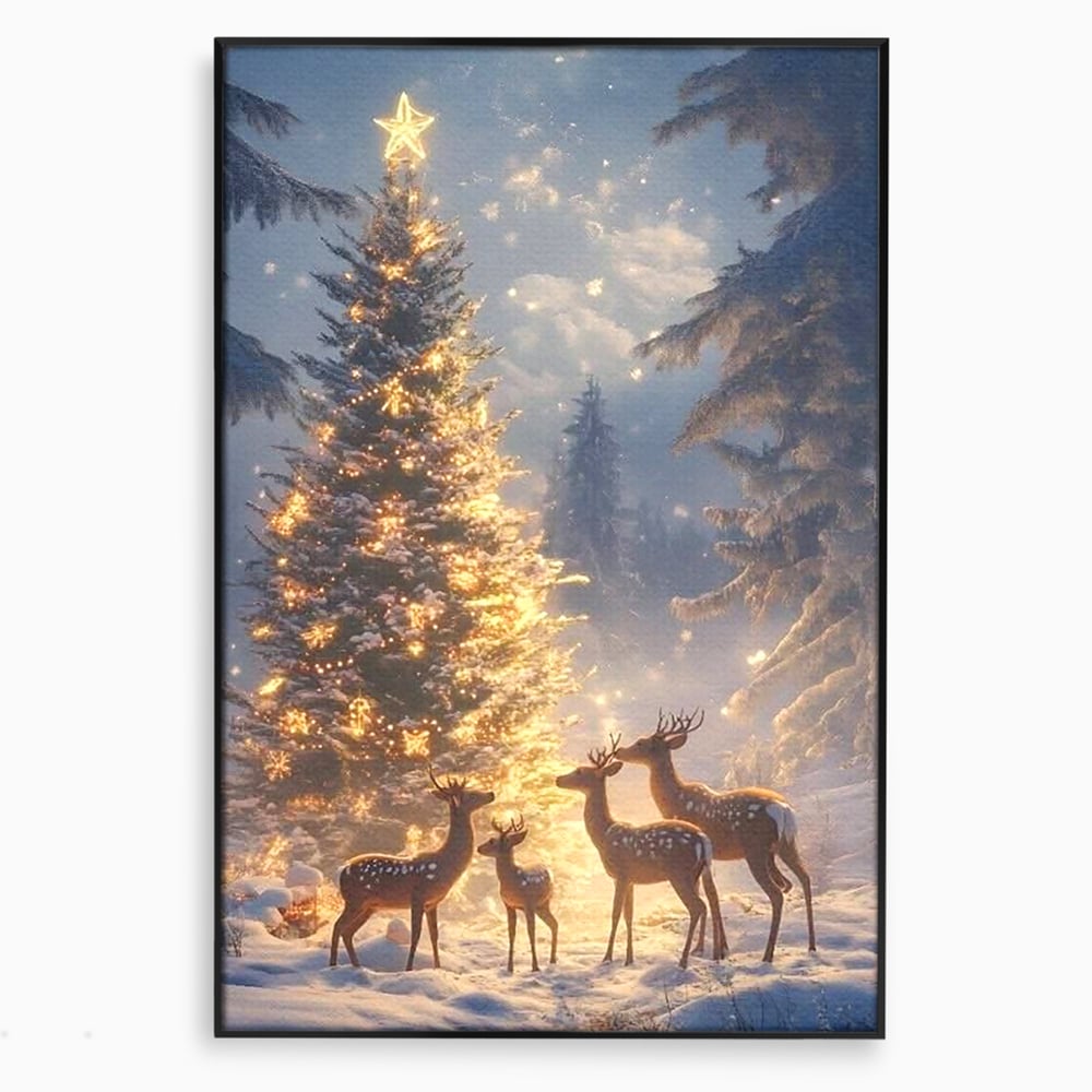 Leinwandbilder Premium, LuxCanva® D1103, Waldengel, Winter, Nacht, Gelassenheit, Gruppe, Hirsch, Tannenbaum, Dekoriert, Wald, Magie, Märchen, Himmel, Sternenhimmel, Weihnachten, Charmant, Frieden, Wohnen, Schlafzimmer