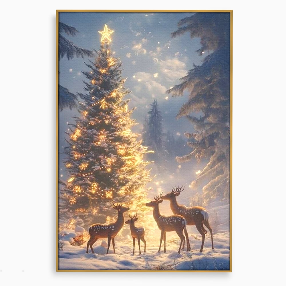 Leinwandbilder Premium, LuxCanva® D1103, Waldengel, Winter, Nacht, Gelassenheit, Gruppe, Hirsch, Tannenbaum, Dekoriert, Wald, Magie, Märchen, Himmel, Sternenhimmel, Weihnachten, Charmant, Frieden, Wohnen, Schlafzimmer