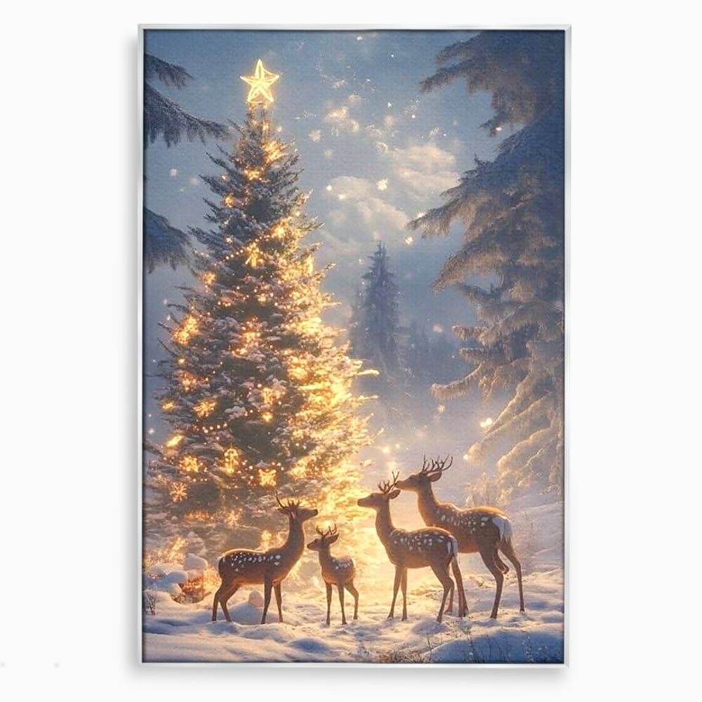 Leinwandbilder Premium, LuxCanva® D1103, Waldengel, Winter, Nacht, Gelassenheit, Gruppe, Hirsch, Tannenbaum, Dekoriert, Wald, Magie, Märchen, Himmel, Sternenhimmel, Weihnachten, Charmant, Frieden, Wohnen, Schlafzimmer