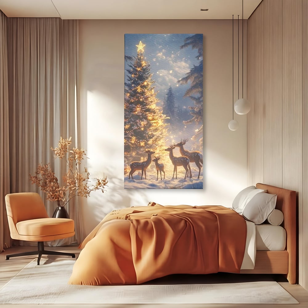 Leinwandbilder Premium, LuxCanva® D1103, Waldengel, Winter, Nacht, Gelassenheit, Gruppe, Hirsch, Tannenbaum, Dekoriert, Wald, Magie, Märchen, Himmel, Sternenhimmel, Weihnachten, Charmant, Frieden, Wohnen, Schlafzimmer