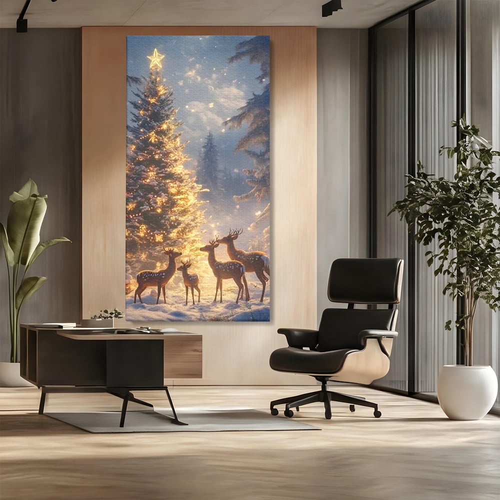 Leinwandbilder Premium, LuxCanva® D1103, Waldengel, Winter, Nacht, Gelassenheit, Gruppe, Hirsch, Tannenbaum, Dekoriert, Wald, Magie, Märchen, Himmel, Sternenhimmel, Weihnachten, Charmant, Frieden, Wohnen, Schlafzimmer