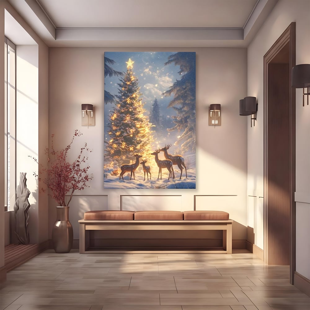 Leinwandbilder Premium, LuxCanva® D1103, Waldengel, Winter, Nacht, Gelassenheit, Gruppe, Hirsch, Tannenbaum, Dekoriert, Wald, Magie, Märchen, Himmel, Sternenhimmel, Weihnachten, Charmant, Frieden, Wohnen, Schlafzimmer