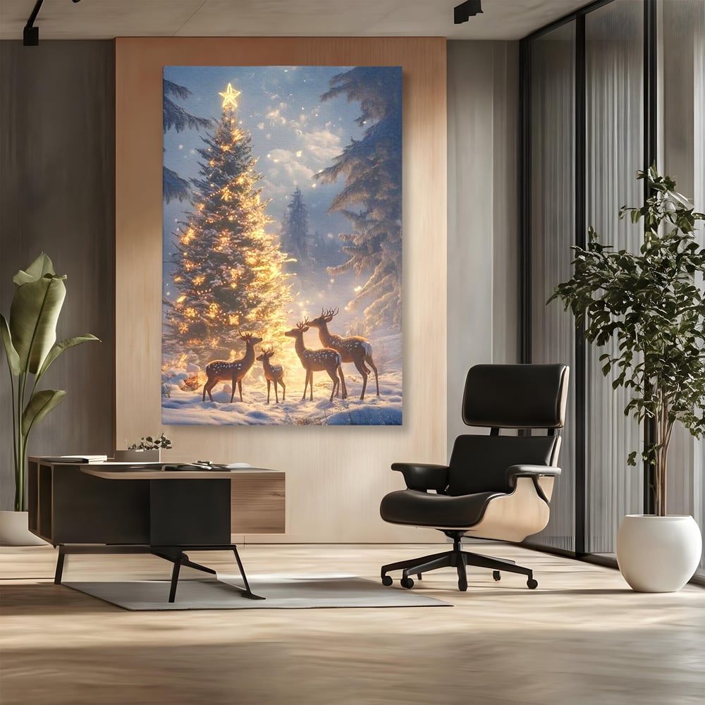 Leinwandbilder Premium, LuxCanva® D1103, Waldengel, Winter, Nacht, Gelassenheit, Gruppe, Hirsch, Tannenbaum, Dekoriert, Wald, Magie, Märchen, Himmel, Sternenhimmel, Weihnachten, Charmant, Frieden, Wohnen, Schlafzimmer