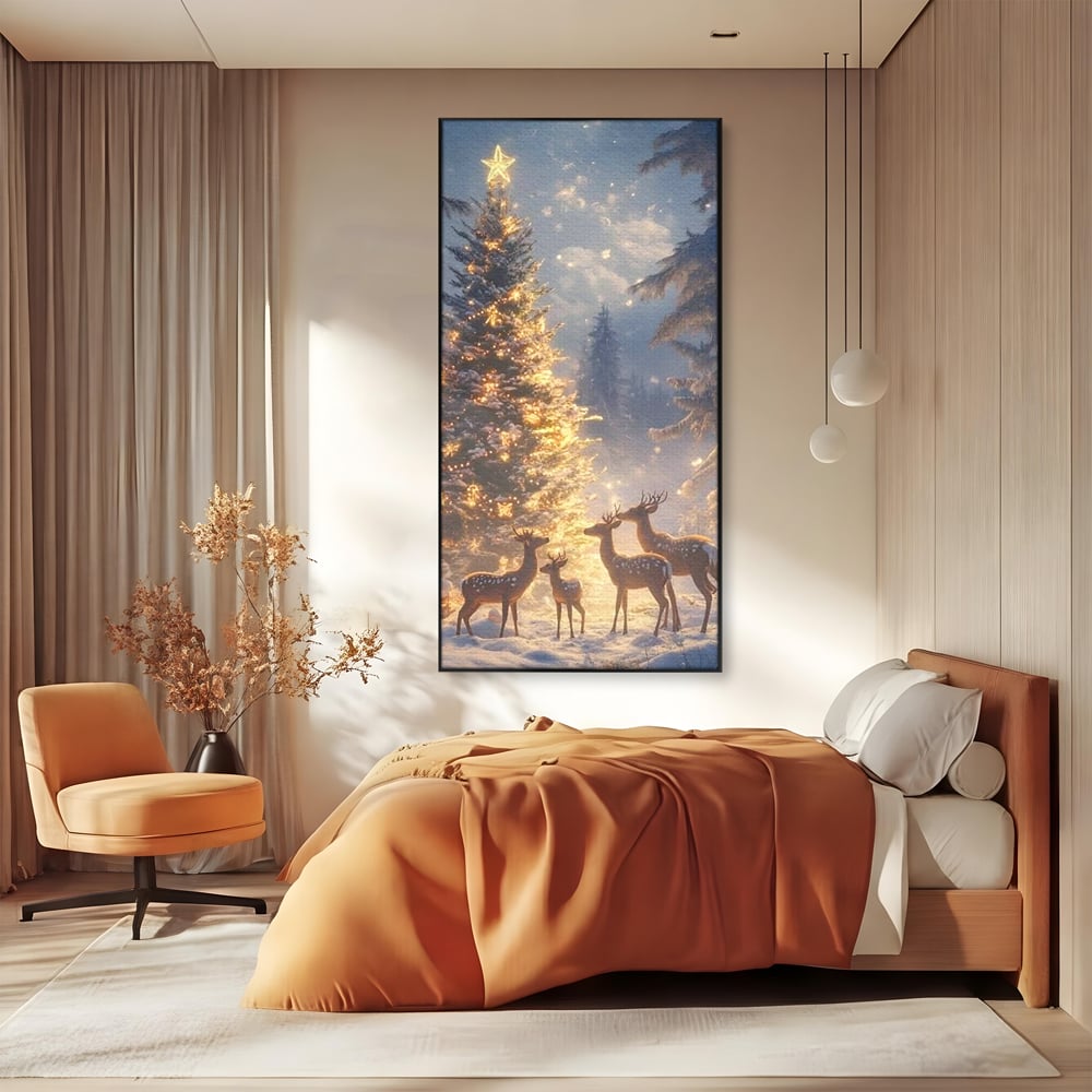Leinwandbilder Premium, LuxCanva® D1103, Waldengel, Winter, Nacht, Gelassenheit, Gruppe, Hirsch, Tannenbaum, Dekoriert, Wald, Magie, Märchen, Himmel, Sternenhimmel, Weihnachten, Charmant, Frieden, Wohnen, Schlafzimmer