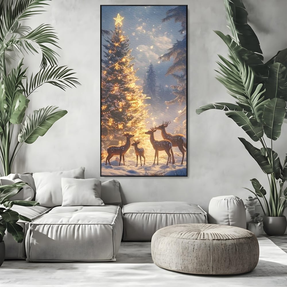 Leinwandbilder Premium, LuxCanva® D1103, Waldengel, Winter, Nacht, Gelassenheit, Gruppe, Hirsch, Tannenbaum, Dekoriert, Wald, Magie, Märchen, Himmel, Sternenhimmel, Weihnachten, Charmant, Frieden, Wohnen, Schlafzimmer