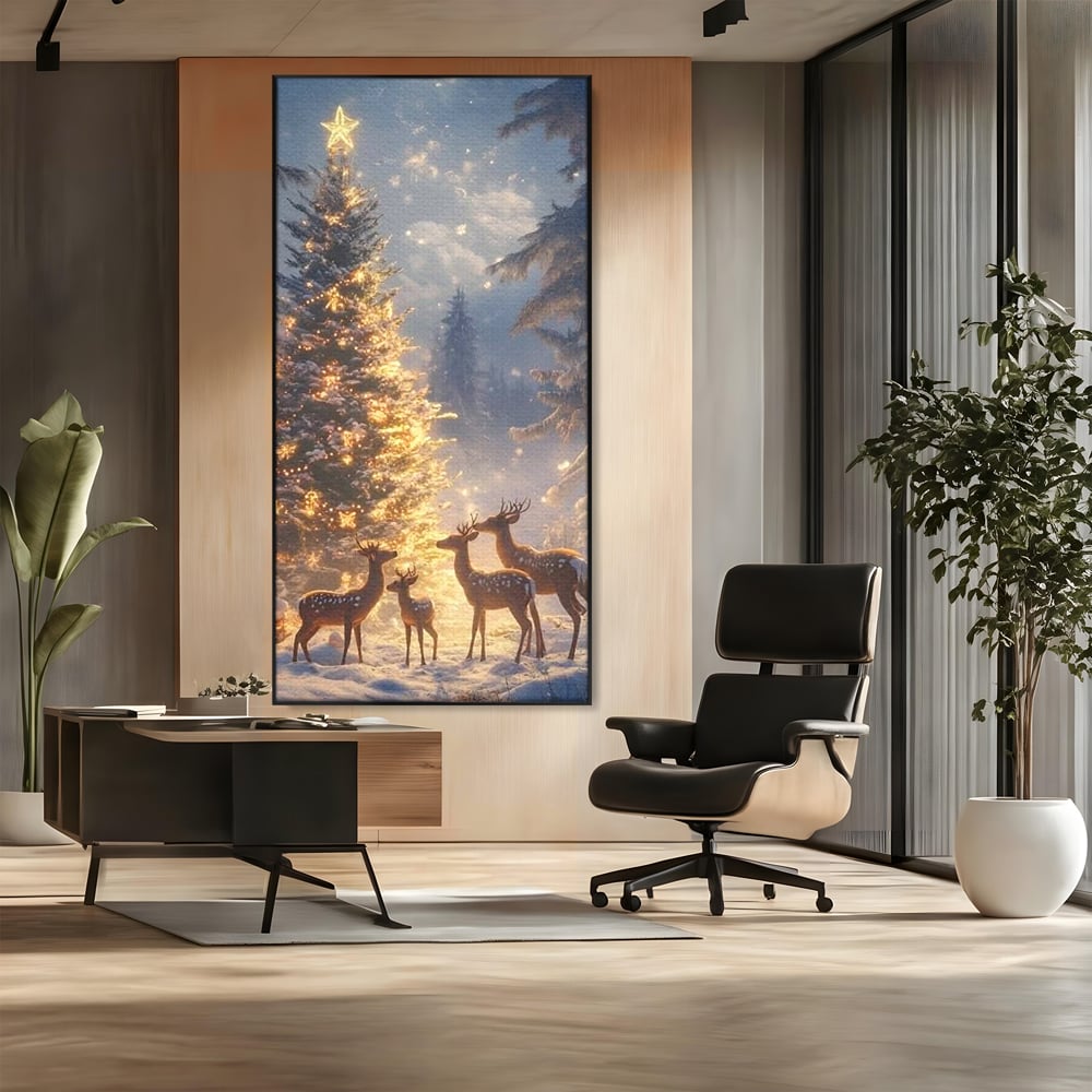 Leinwandbilder Premium, LuxCanva® D1103, Waldengel, Winter, Nacht, Gelassenheit, Gruppe, Hirsch, Tannenbaum, Dekoriert, Wald, Magie, Märchen, Himmel, Sternenhimmel, Weihnachten, Charmant, Frieden, Wohnen, Schlafzimmer