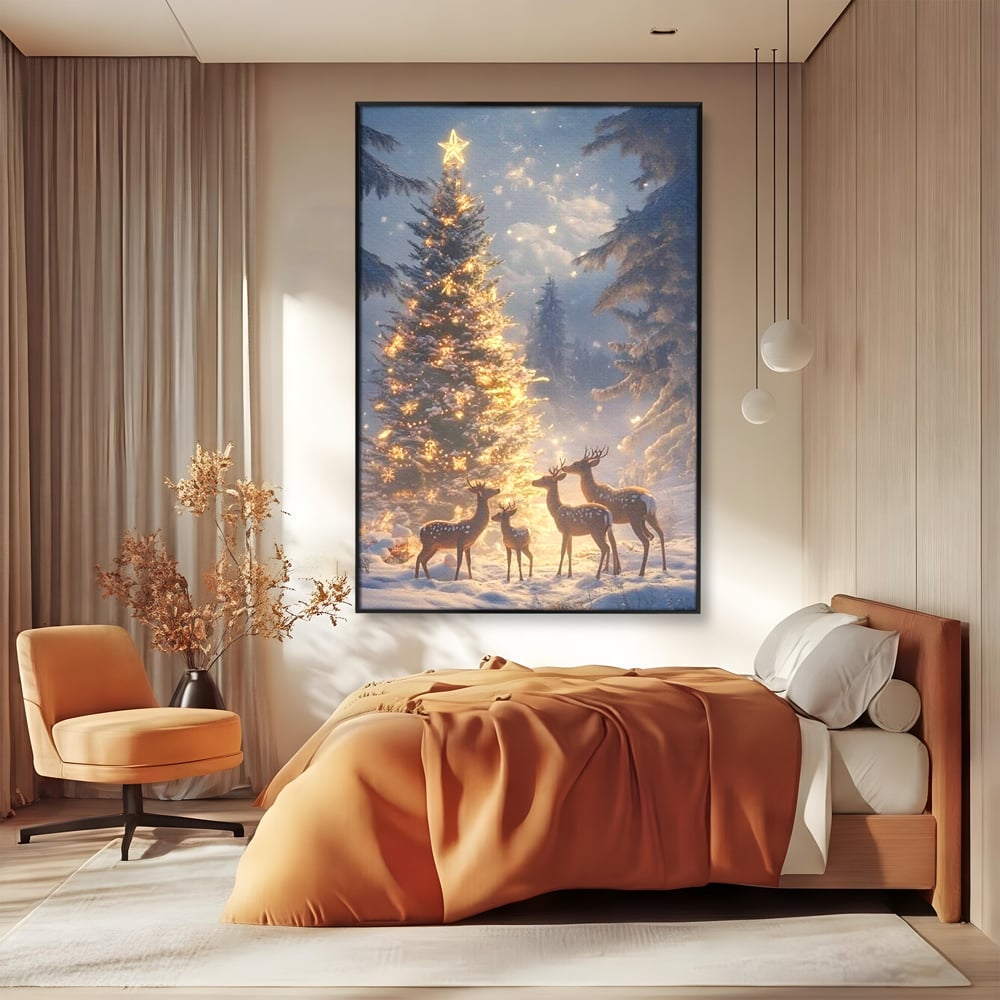 Leinwandbilder Premium, LuxCanva® D1103, Waldengel, Winter, Nacht, Gelassenheit, Gruppe, Hirsch, Tannenbaum, Dekoriert, Wald, Magie, Märchen, Himmel, Sternenhimmel, Weihnachten, Charmant, Frieden, Wohnen, Schlafzimmer