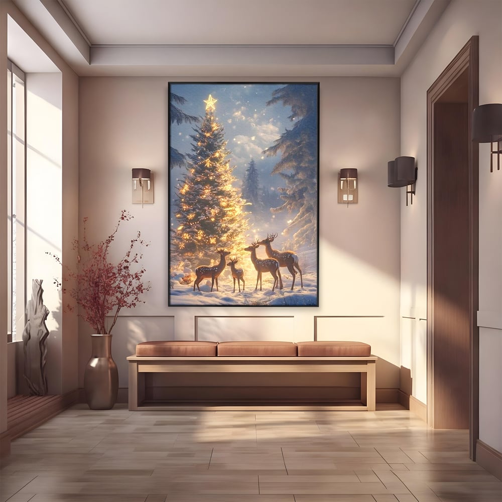 Leinwandbilder Premium, LuxCanva® D1103, Waldengel, Winter, Nacht, Gelassenheit, Gruppe, Hirsch, Tannenbaum, Dekoriert, Wald, Magie, Märchen, Himmel, Sternenhimmel, Weihnachten, Charmant, Frieden, Wohnen, Schlafzimmer