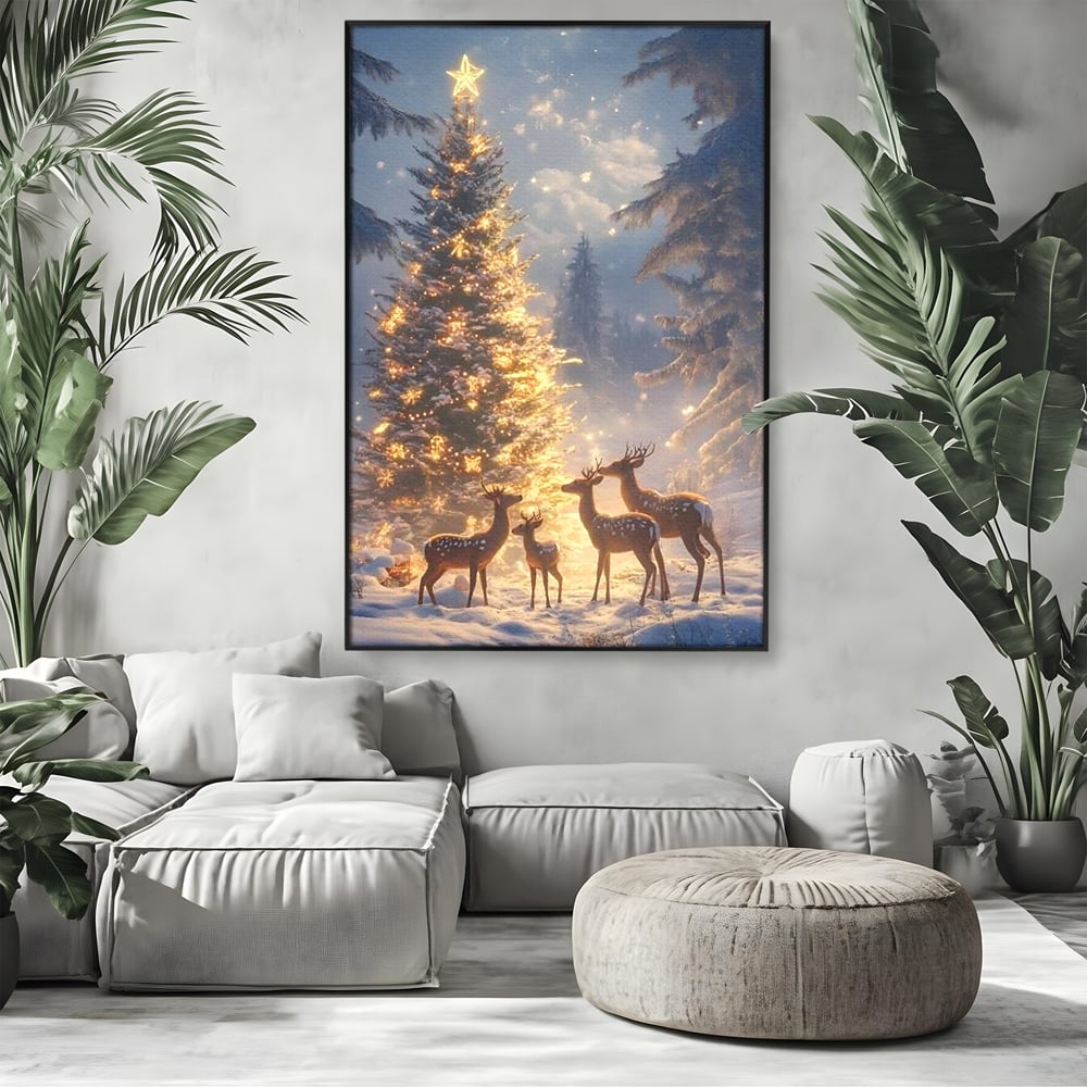 Leinwandbilder Premium, LuxCanva® D1103, Waldengel, Winter, Nacht, Gelassenheit, Gruppe, Hirsch, Tannenbaum, Dekoriert, Wald, Magie, Märchen, Himmel, Sternenhimmel, Weihnachten, Charmant, Frieden, Wohnen, Schlafzimmer