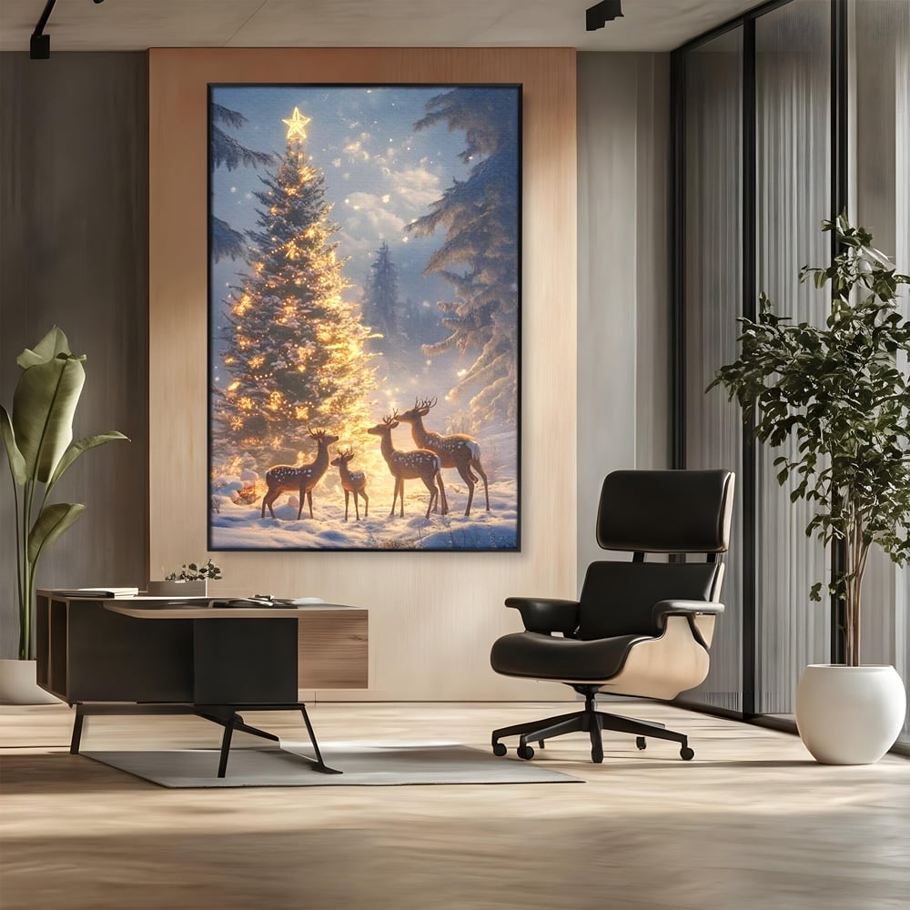 Leinwandbilder Premium, LuxCanva® D1103, Waldengel, Winter, Nacht, Gelassenheit, Gruppe, Hirsch, Tannenbaum, Dekoriert, Wald, Magie, Märchen, Himmel, Sternenhimmel, Weihnachten, Charmant, Frieden, Wohnen, Schlafzimmer