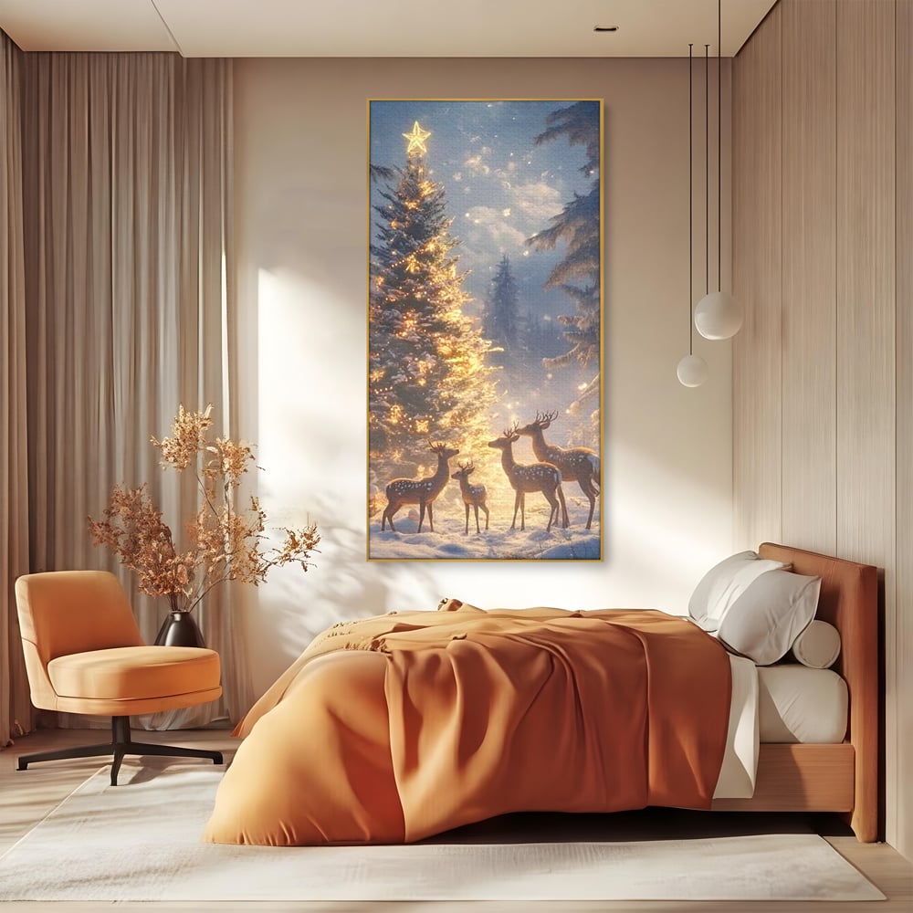 Leinwandbilder Premium, LuxCanva® D1103, Waldengel, Winter, Nacht, Gelassenheit, Gruppe, Hirsch, Tannenbaum, Dekoriert, Wald, Magie, Märchen, Himmel, Sternenhimmel, Weihnachten, Charmant, Frieden, Wohnen, Schlafzimmer