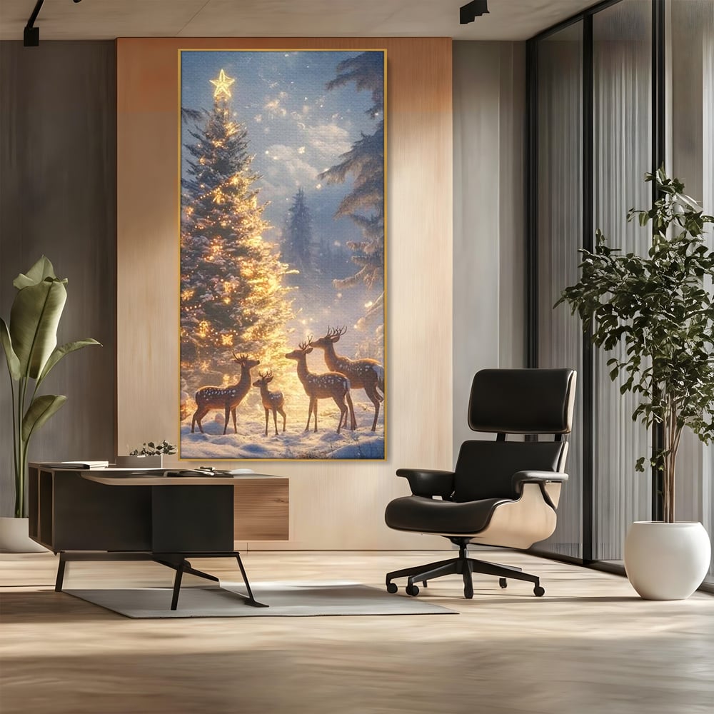Leinwandbilder Premium, LuxCanva® D1103, Waldengel, Winter, Nacht, Gelassenheit, Gruppe, Hirsch, Tannenbaum, Dekoriert, Wald, Magie, Märchen, Himmel, Sternenhimmel, Weihnachten, Charmant, Frieden, Wohnen, Schlafzimmer