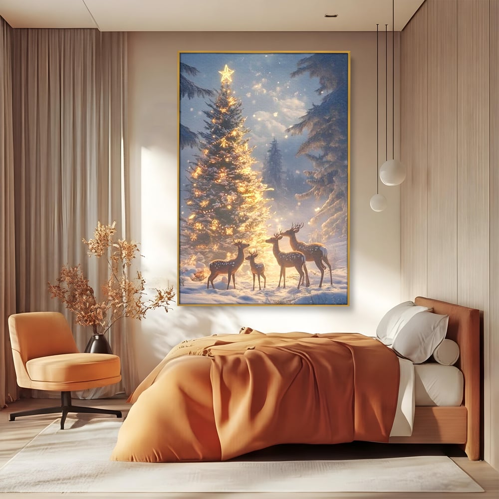 Leinwandbilder Premium, LuxCanva® D1103, Waldengel, Winter, Nacht, Gelassenheit, Gruppe, Hirsch, Tannenbaum, Dekoriert, Wald, Magie, Märchen, Himmel, Sternenhimmel, Weihnachten, Charmant, Frieden, Wohnen, Schlafzimmer