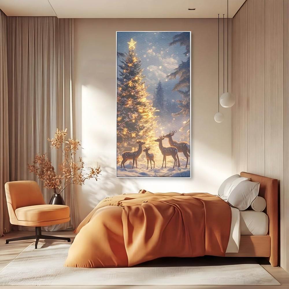 Leinwandbilder Premium, LuxCanva® D1103, Waldengel, Winter, Nacht, Gelassenheit, Gruppe, Hirsch, Tannenbaum, Dekoriert, Wald, Magie, Märchen, Himmel, Sternenhimmel, Weihnachten, Charmant, Frieden, Wohnen, Schlafzimmer