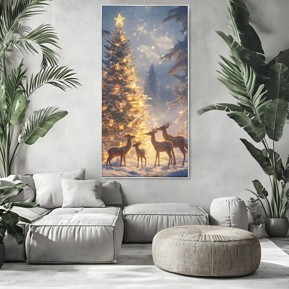 Leinwandbilder Premium, LuxCanva® D1103, Waldengel, Winter, Nacht, Gelassenheit, Gruppe, Hirsch, Tannenbaum, Dekoriert, Wald, Magie, Märchen, Himmel, Sternenhimmel, Weihnachten, Charmant, Frieden, Wohnen, Schlafzimmer