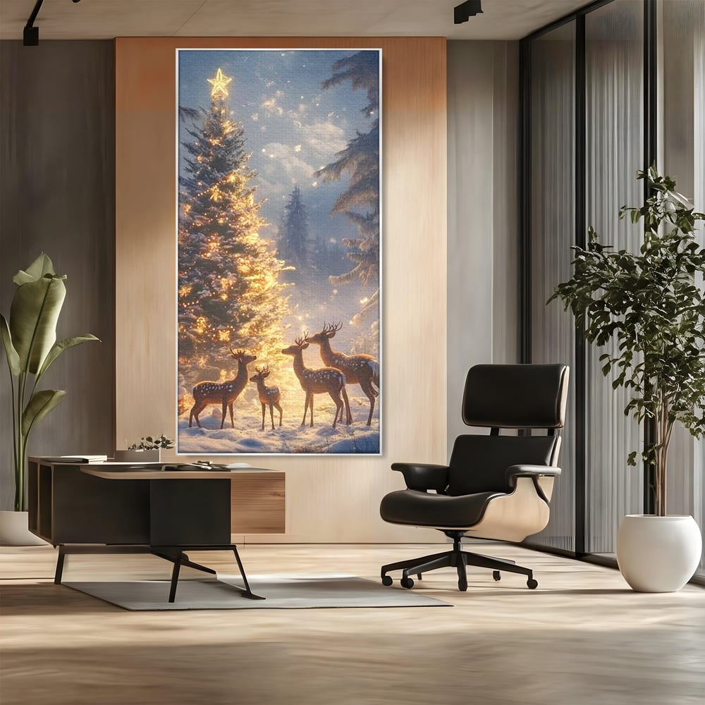 Leinwandbilder Premium, LuxCanva® D1103, Waldengel, Winter, Nacht, Gelassenheit, Gruppe, Hirsch, Tannenbaum, Dekoriert, Wald, Magie, Märchen, Himmel, Sternenhimmel, Weihnachten, Charmant, Frieden, Wohnen, Schlafzimmer