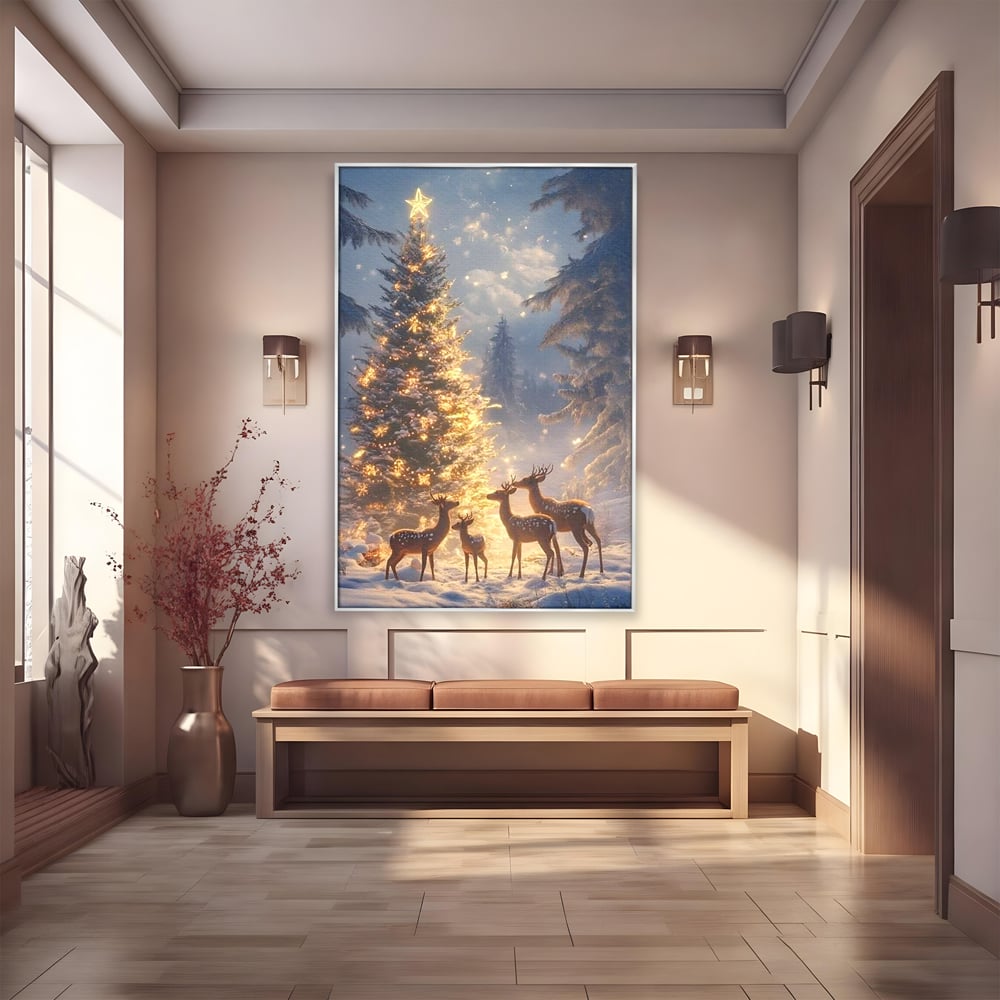 Leinwandbilder Premium, LuxCanva® D1103, Waldengel, Winter, Nacht, Gelassenheit, Gruppe, Hirsch, Tannenbaum, Dekoriert, Wald, Magie, Märchen, Himmel, Sternenhimmel, Weihnachten, Charmant, Frieden, Wohnen, Schlafzimmer