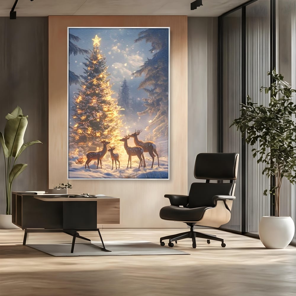 Leinwandbilder Premium, LuxCanva® D1103, Waldengel, Winter, Nacht, Gelassenheit, Gruppe, Hirsch, Tannenbaum, Dekoriert, Wald, Magie, Märchen, Himmel, Sternenhimmel, Weihnachten, Charmant, Frieden, Wohnen, Schlafzimmer