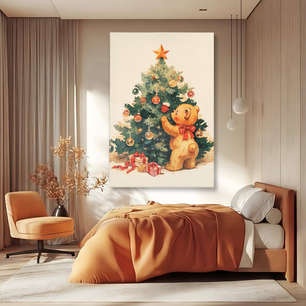 Leinwand Wandkunst Canvas Premium, LuxCanva® D1104, Weihnachtsbär, Magie, Heiligabend, Weihnachtsabend, Weihnachten, Weihnachten, Nacht, Unschuld, Wärme, Wärme, Geschichte, Spielzeug, Geschenke, Tier, Glück, Heiligabend, Weihnachten, Wohnen, Schlafzimmer