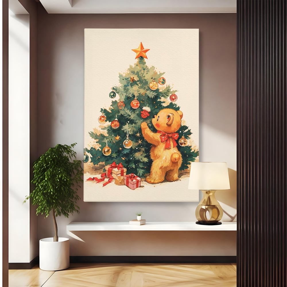 Leinwand Wandkunst Canvas Premium, LuxCanva® D1104, Weihnachtsbär, Magie, Heiligabend, Weihnachtsabend, Weihnachten, Weihnachten, Nacht, Unschuld, Wärme, Wärme, Geschichte, Spielzeug, Geschenke, Tier, Glück, Heiligabend, Weihnachten, Wohnen, Schlafzimmer