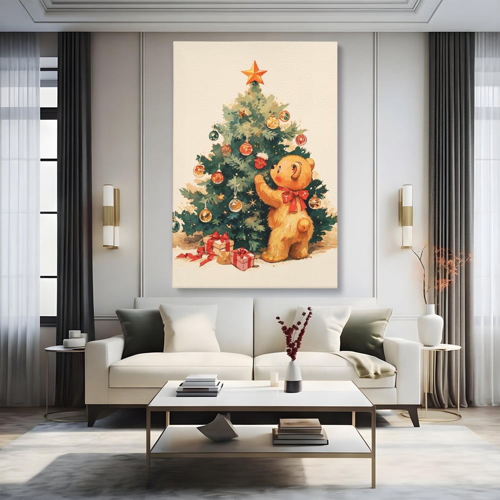Leinwand Wandkunst Canvas Premium, LuxCanva® D1104, Weihnachtsbär, Magie, Heiligabend, Weihnachtsabend, Weihnachten, Weihnachten, Nacht, Unschuld, Wärme, Wärme, Geschichte, Spielzeug, Geschenke, Tier, Glück, Heiligabend, Weihnachten, Wohnen, Schlafzimmer
