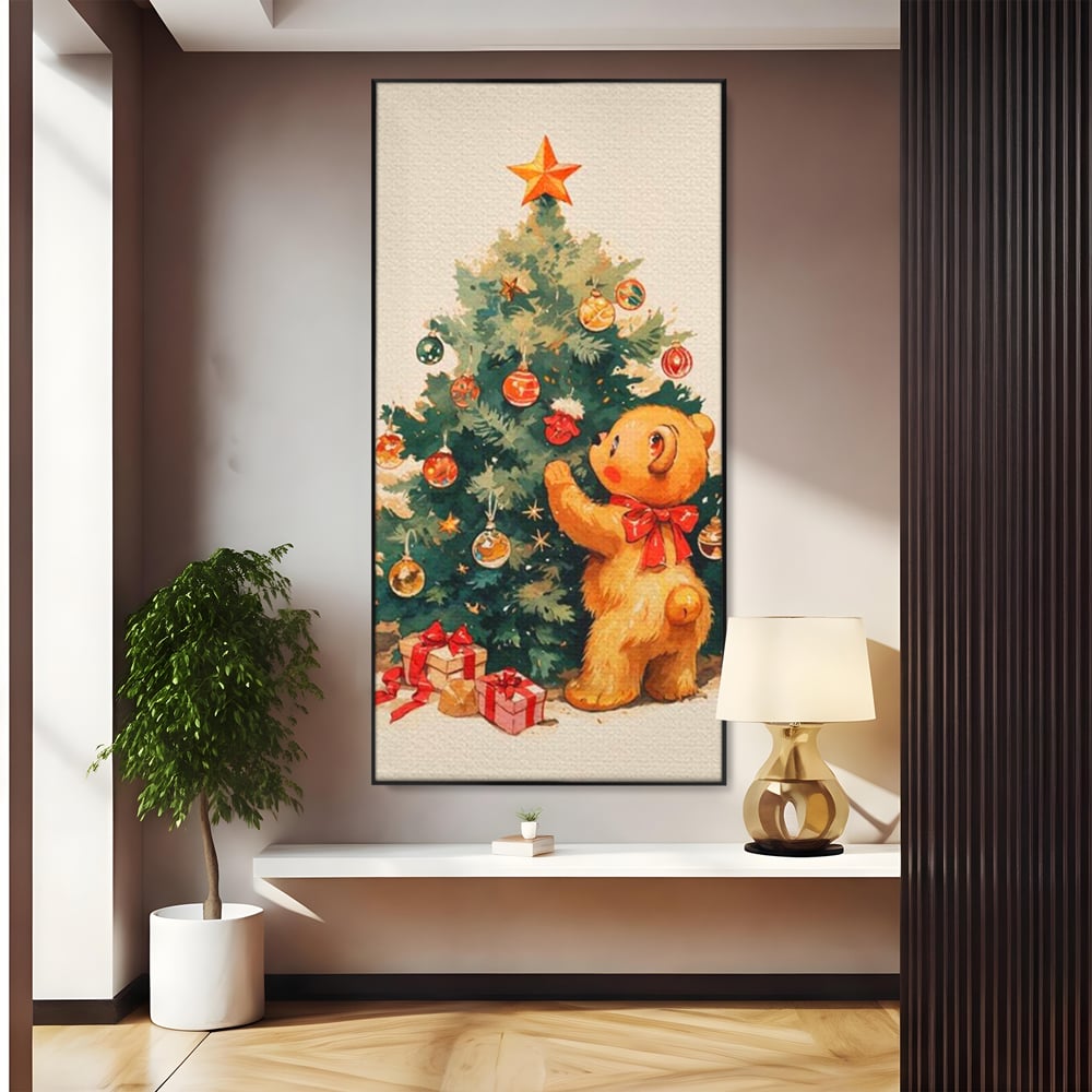 Leinwand Wandkunst Canvas Premium, LuxCanva® D1104, Weihnachtsbär, Magie, Heiligabend, Weihnachtsabend, Weihnachten, Weihnachten, Nacht, Unschuld, Wärme, Wärme, Geschichte, Spielzeug, Geschenke, Tier, Glück, Heiligabend, Weihnachten, Wohnen, Schlafzimmer