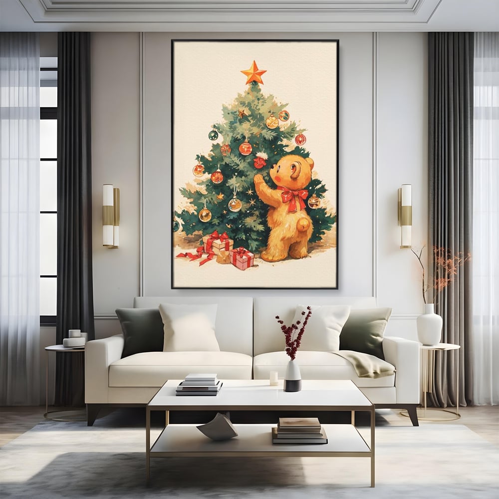 Leinwand Wandkunst Canvas Premium, LuxCanva® D1104, Weihnachtsbär, Magie, Heiligabend, Weihnachtsabend, Weihnachten, Weihnachten, Nacht, Unschuld, Wärme, Wärme, Geschichte, Spielzeug, Geschenke, Tier, Glück, Heiligabend, Weihnachten, Wohnen, Schlafzimmer