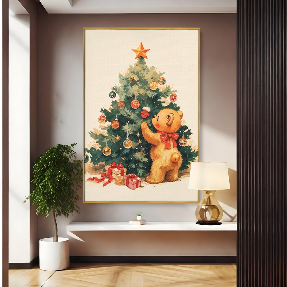 Leinwand Wandkunst Canvas Premium, LuxCanva® D1104, Weihnachtsbär, Magie, Heiligabend, Weihnachtsabend, Weihnachten, Weihnachten, Nacht, Unschuld, Wärme, Wärme, Geschichte, Spielzeug, Geschenke, Tier, Glück, Heiligabend, Weihnachten, Wohnen, Schlafzimmer