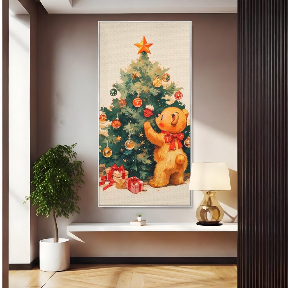 Leinwand Wandkunst Canvas Premium, LuxCanva® D1104, Weihnachtsbär, Magie, Heiligabend, Weihnachtsabend, Weihnachten, Weihnachten, Nacht, Unschuld, Wärme, Wärme, Geschichte, Spielzeug, Geschenke, Tier, Glück, Heiligabend, Weihnachten, Wohnen, Schlafzimmer