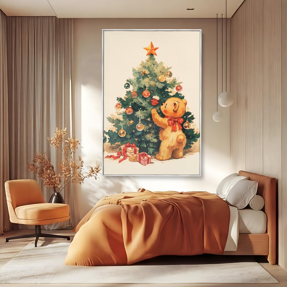 Leinwand Wandkunst Canvas Premium, LuxCanva® D1104, Weihnachtsbär, Magie, Heiligabend, Weihnachtsabend, Weihnachten, Weihnachten, Nacht, Unschuld, Wärme, Wärme, Geschichte, Spielzeug, Geschenke, Tier, Glück, Heiligabend, Weihnachten, Wohnen, Schlafzimmer