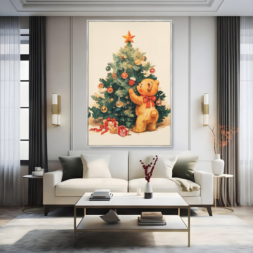 Leinwand Wandkunst Canvas Premium, LuxCanva® D1104, Weihnachtsbär, Magie, Heiligabend, Weihnachtsabend, Weihnachten, Weihnachten, Nacht, Unschuld, Wärme, Wärme, Geschichte, Spielzeug, Geschenke, Tier, Glück, Heiligabend, Weihnachten, Wohnen, Schlafzimmer