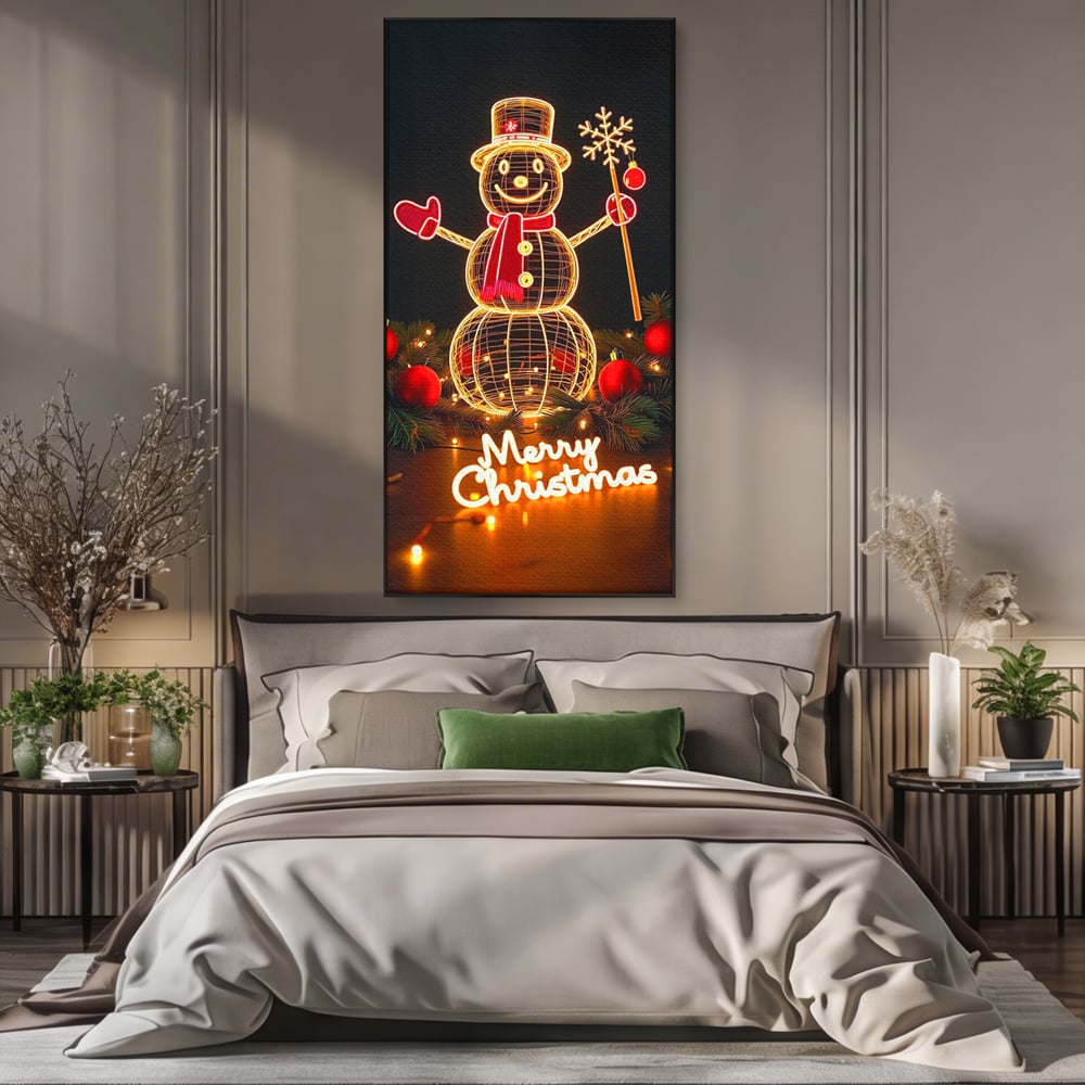 Leinwand Wandbilder Premium, LuxCanva® D1105, Urlaub Märchen, Lichter, Weihnachten, Schneemann, Schneekugeln, Rot, Rot, Glitter, Glitzer, Urlaub, Spaziergang, Straße, Park, Kinder, Wohnen, Schlafzimmer