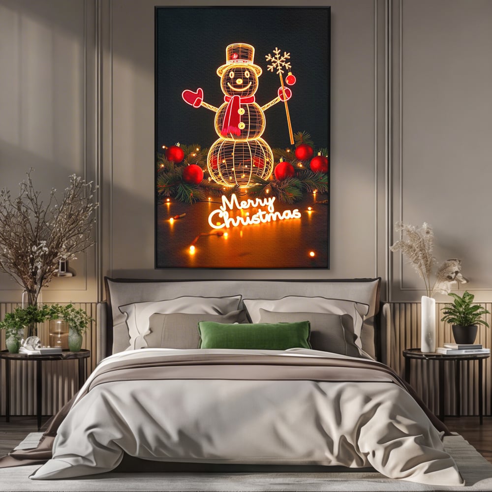Leinwand Wandbilder Premium, LuxCanva® D1105, Urlaub Märchen, Lichter, Weihnachten, Schneemann, Schneekugeln, Rot, Rot, Glitter, Glitzer, Urlaub, Spaziergang, Straße, Park, Kinder, Wohnen, Schlafzimmer