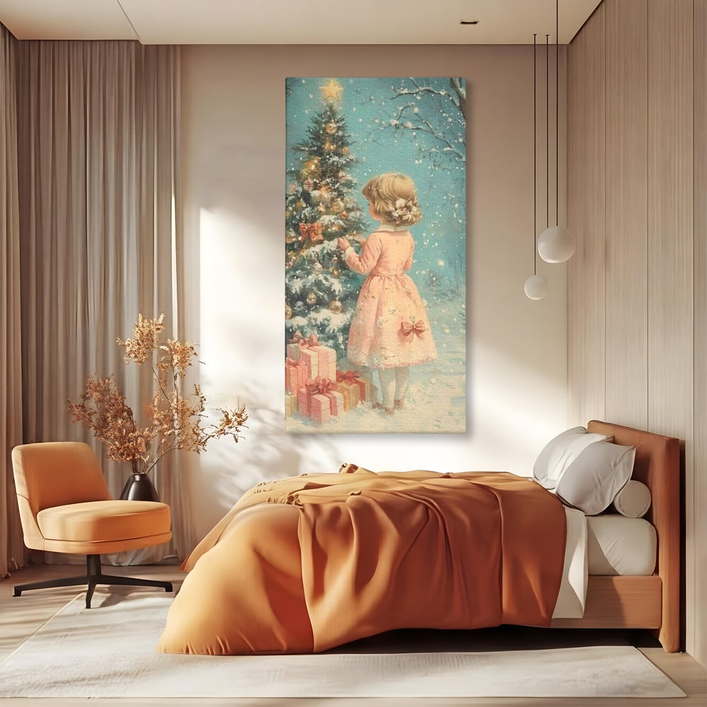 Tablou Canvas Premium, LuxCanva® D1106, Dor de copilarie, Farmec, Inocenta, Fata, Rochita, Eleganta, Astepare, Mos, Craciun, Impodobit, Brad, Magie, Cadouri, Vis, Miracol, Living, Dormitor