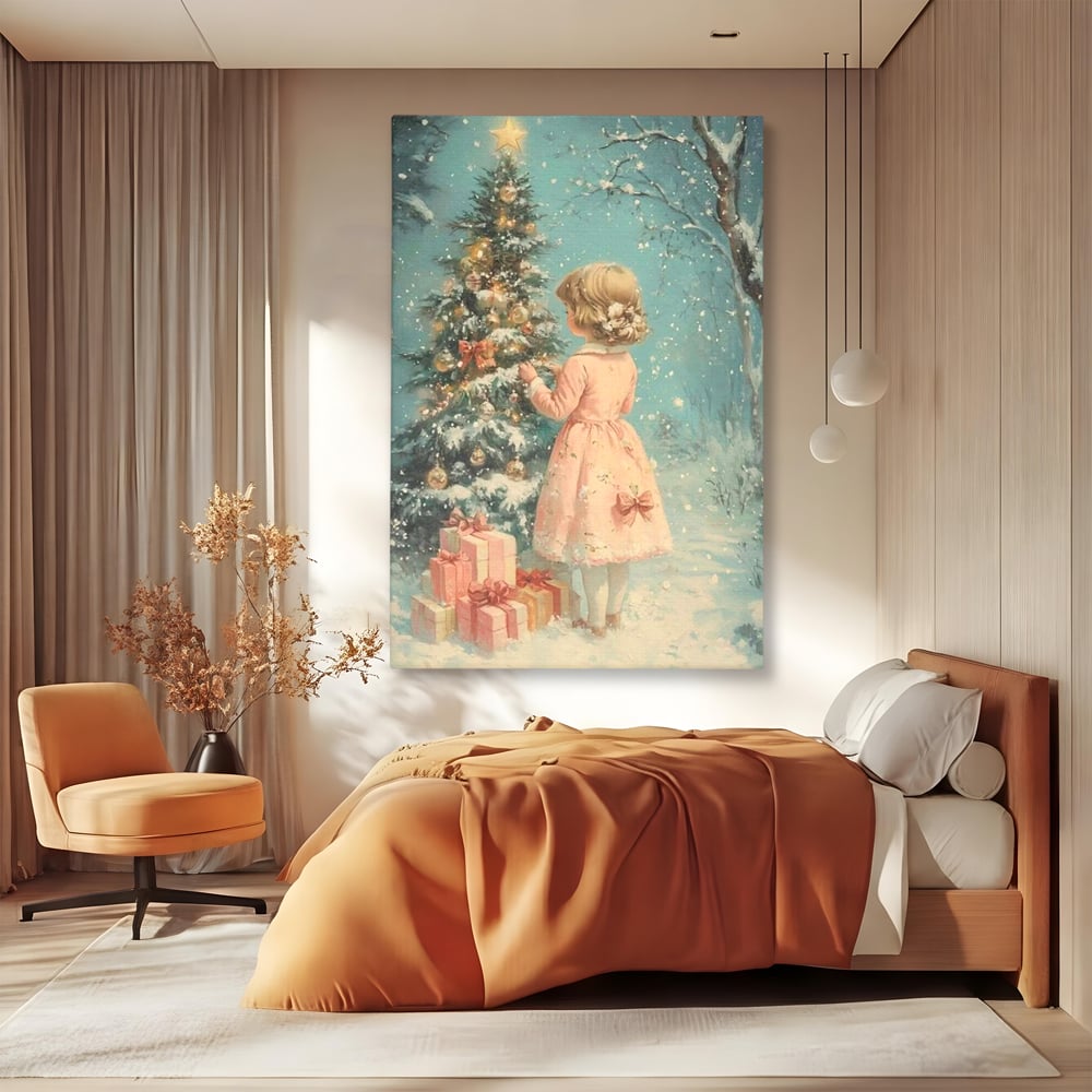 Tablou Canvas Premium, LuxCanva® D1106, Dor de copilarie, Farmec, Inocenta, Fata, Rochita, Eleganta, Astepare, Mos, Craciun, Impodobit, Brad, Magie, Cadouri, Vis, Miracol, Living, Dormitor