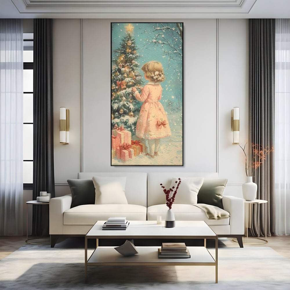 Tablou Canvas Premium, LuxCanva® D1106, Dor de copilarie, Farmec, Inocenta, Fata, Rochita, Eleganta, Astepare, Mos, Craciun, Impodobit, Brad, Magie, Cadouri, Vis, Miracol, Living, Dormitor