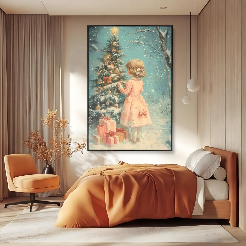 Tablou Canvas Premium, LuxCanva® D1106, Dor de copilarie, Farmec, Inocenta, Fata, Rochita, Eleganta, Astepare, Mos, Craciun, Impodobit, Brad, Magie, Cadouri, Vis, Miracol, Living, Dormitor