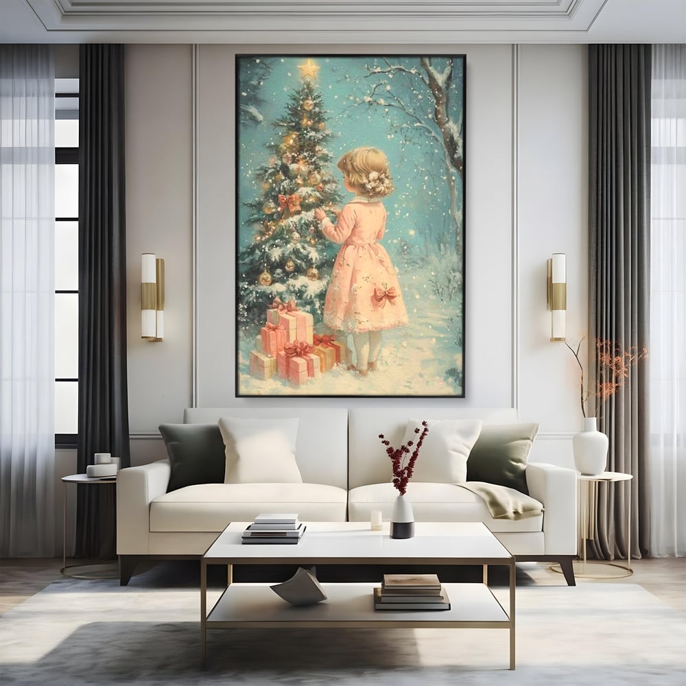 Tablou Canvas Premium, LuxCanva® D1106, Dor de copilarie, Farmec, Inocenta, Fata, Rochita, Eleganta, Astepare, Mos, Craciun, Impodobit, Brad, Magie, Cadouri, Vis, Miracol, Living, Dormitor