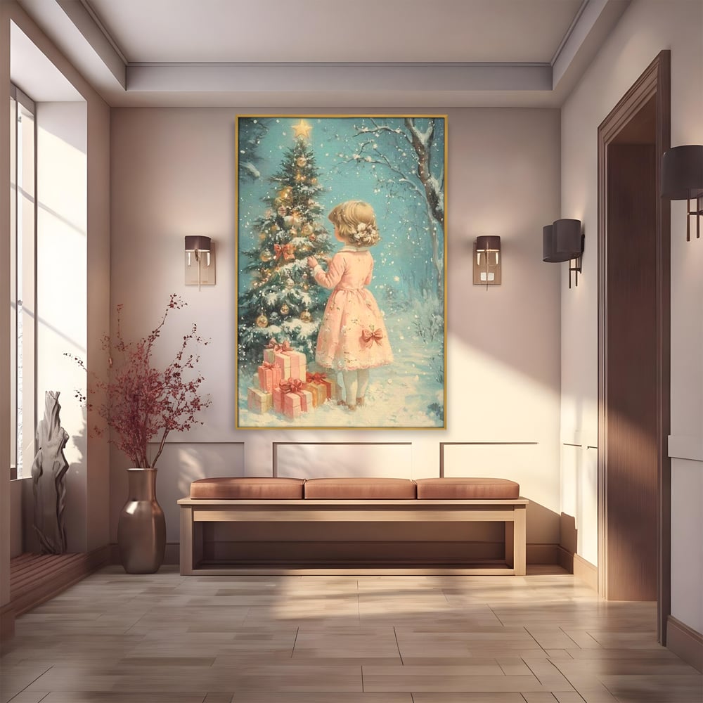 Tablou Canvas Premium, LuxCanva® D1106, Dor de copilarie, Farmec, Inocenta, Fata, Rochita, Eleganta, Astepare, Mos, Craciun, Impodobit, Brad, Magie, Cadouri, Vis, Miracol, Living, Dormitor