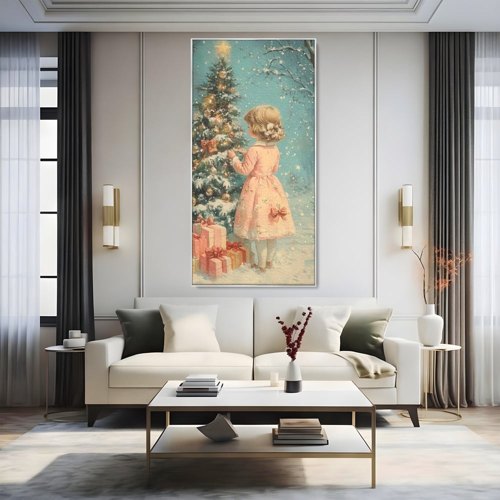 Tablou Canvas Premium, LuxCanva® D1106, Dor de copilarie, Farmec, Inocenta, Fata, Rochita, Eleganta, Astepare, Mos, Craciun, Impodobit, Brad, Magie, Cadouri, Vis, Miracol, Living, Dormitor