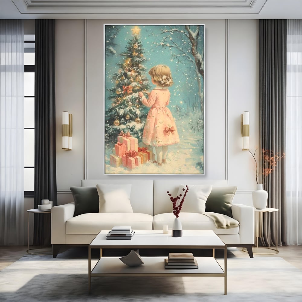 Tablou Canvas Premium, LuxCanva® D1106, Dor de copilarie, Farmec, Inocenta, Fata, Rochita, Eleganta, Astepare, Mos, Craciun, Impodobit, Brad, Magie, Cadouri, Vis, Miracol, Living, Dormitor