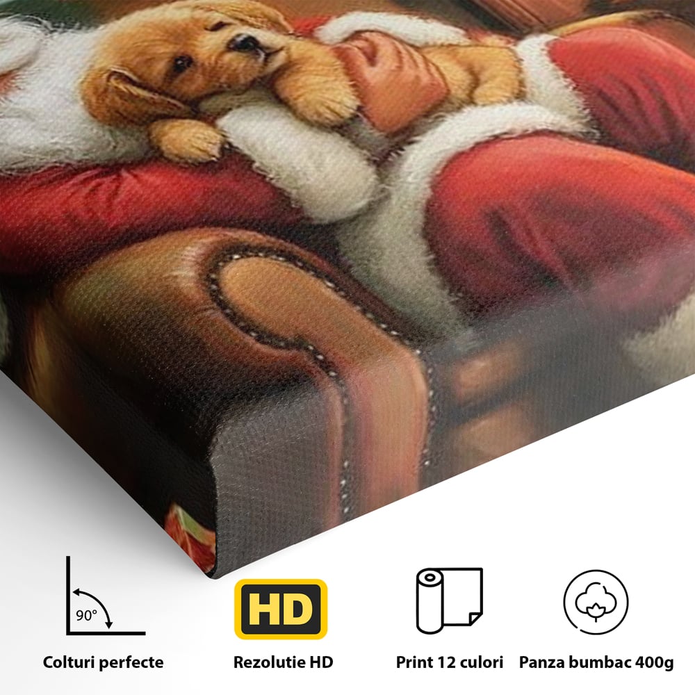 Canvas Wall Art Canvas Wall Art Premium, LuxCanva® D1108, Das perfekte Weihnachten, Winter, Weihnachten, Welpen, pelzig, pelzig, Tanne, Weihnachtsmann, Feuer, Kamin, Wärme, Sessel, Warten, Traum, Traum, Freude, Wohnen, Schlafzimmer