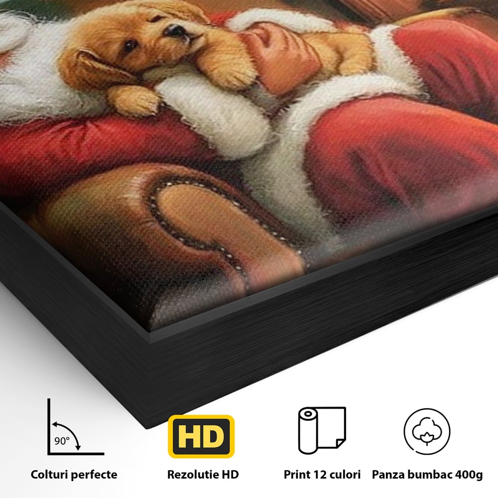 Canvas Wall Art Canvas Wall Art Premium, LuxCanva® D1108, Das perfekte Weihnachten, Winter, Weihnachten, Welpen, pelzig, pelzig, Tanne, Weihnachtsmann, Feuer, Kamin, Wärme, Sessel, Warten, Traum, Traum, Freude, Wohnen, Schlafzimmer