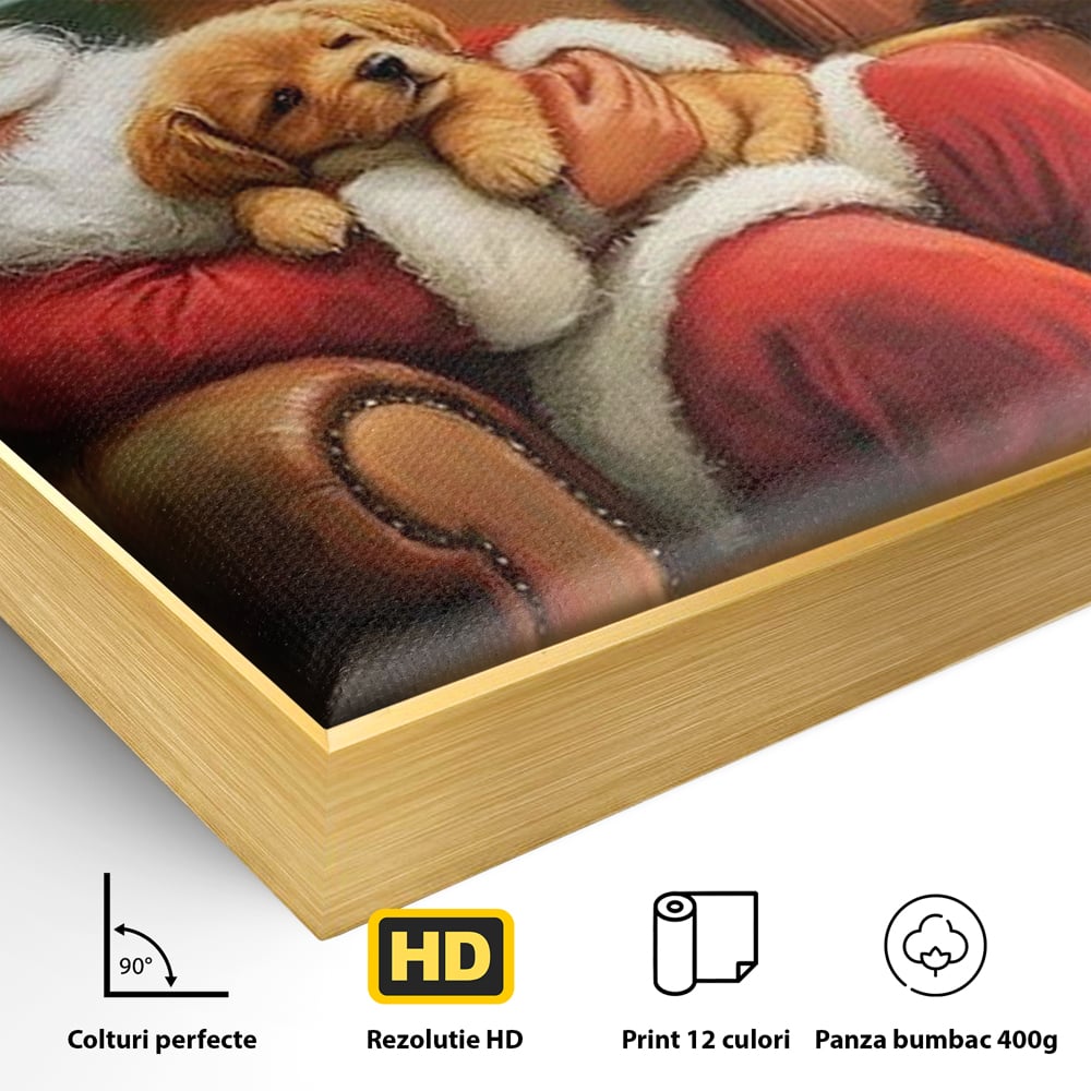 Canvas Wall Art Canvas Wall Art Premium, LuxCanva® D1108, Das perfekte Weihnachten, Winter, Weihnachten, Welpen, pelzig, pelzig, Tanne, Weihnachtsmann, Feuer, Kamin, Wärme, Sessel, Warten, Traum, Traum, Freude, Wohnen, Schlafzimmer