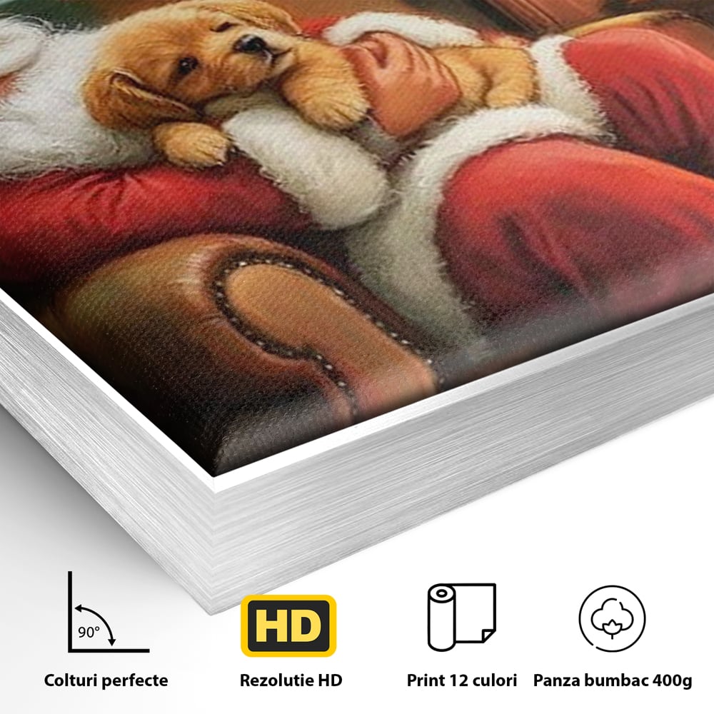 Canvas Wall Art Canvas Wall Art Premium, LuxCanva® D1108, Das perfekte Weihnachten, Winter, Weihnachten, Welpen, pelzig, pelzig, Tanne, Weihnachtsmann, Feuer, Kamin, Wärme, Sessel, Warten, Traum, Traum, Freude, Wohnen, Schlafzimmer