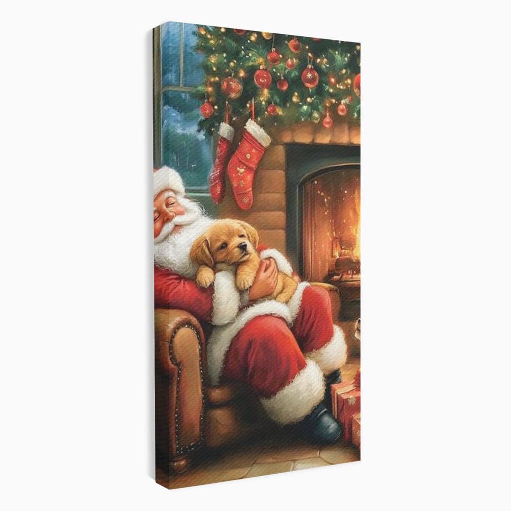 Canvas Wall Art Canvas Wall Art Premium, LuxCanva® D1108, Das perfekte Weihnachten, Winter, Weihnachten, Welpen, pelzig, pelzig, Tanne, Weihnachtsmann, Feuer, Kamin, Wärme, Sessel, Warten, Traum, Traum, Freude, Wohnen, Schlafzimmer