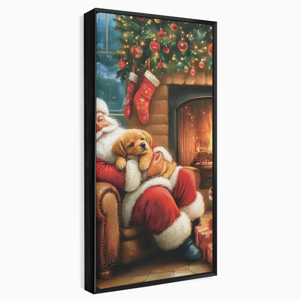 Canvas Wall Art Canvas Wall Art Premium, LuxCanva® D1108, Das perfekte Weihnachten, Winter, Weihnachten, Welpen, pelzig, pelzig, Tanne, Weihnachtsmann, Feuer, Kamin, Wärme, Sessel, Warten, Traum, Traum, Freude, Wohnen, Schlafzimmer