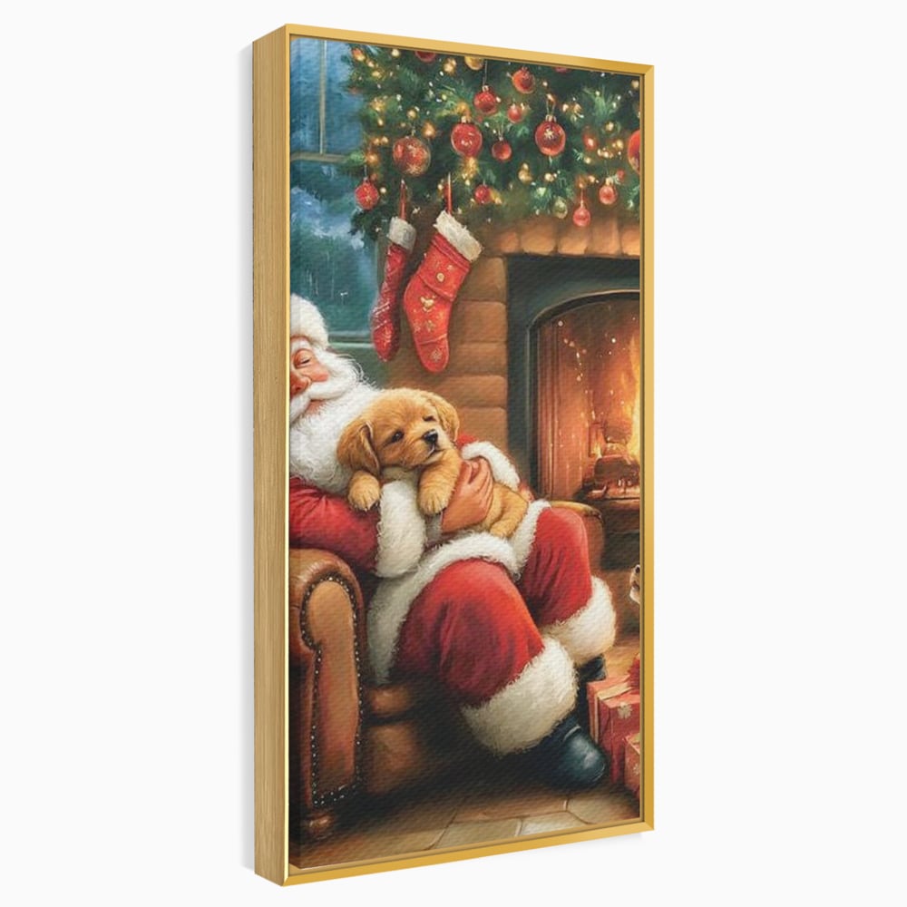 Canvas Wall Art Canvas Wall Art Premium, LuxCanva® D1108, Das perfekte Weihnachten, Winter, Weihnachten, Welpen, pelzig, pelzig, Tanne, Weihnachtsmann, Feuer, Kamin, Wärme, Sessel, Warten, Traum, Traum, Freude, Wohnen, Schlafzimmer