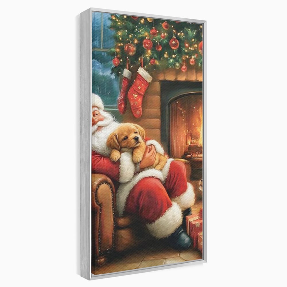 Canvas Wall Art Canvas Wall Art Premium, LuxCanva® D1108, Das perfekte Weihnachten, Winter, Weihnachten, Welpen, pelzig, pelzig, Tanne, Weihnachtsmann, Feuer, Kamin, Wärme, Sessel, Warten, Traum, Traum, Freude, Wohnen, Schlafzimmer